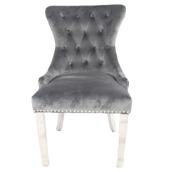 Dark grey Chelsea velvet dining chair main view with lion knocker and chrome legs by Solid Furniture UK, set of 2