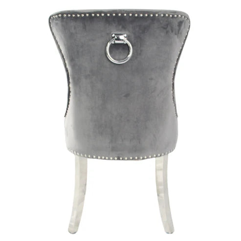 Dark grey Chelsea velvet dining chair back side view with ring knocker and chrome legs by Solid Furniture UK, set of 2