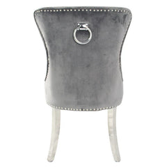 Dark grey Chelsea velvet dining chair back side view with ring knocker and chrome legs by Solid Furniture UK, set of 2