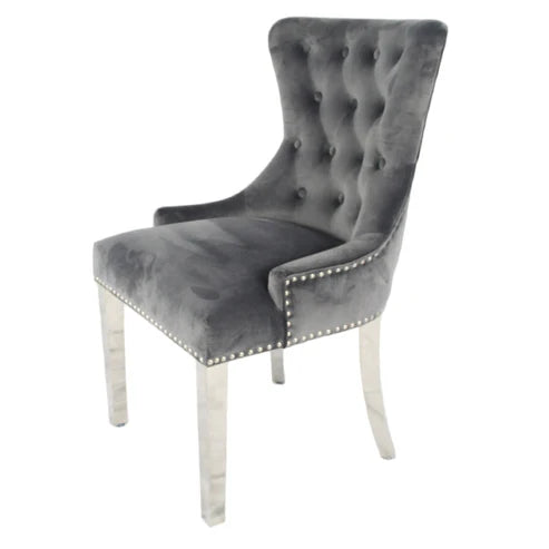 Dark grey Chelsea velvet dining chair side angle view with ring knocker and chrome legs by Solid Furniture UK, set of 2