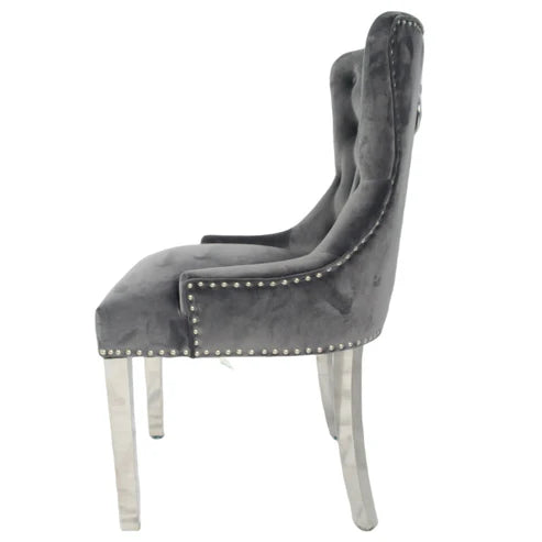 Dark grey Chelsea velvet dining chair side view with ring knocker and chrome legs by Solid Furniture UK, set of 2