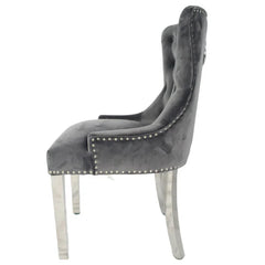 Dark grey Chelsea velvet dining chair side view with ring knocker and chrome legs by Solid Furniture UK, set of 2