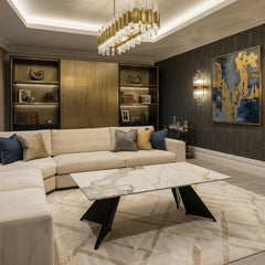 Chicago 120cm cream and gold ceramic coffee table in a modern living room | Solid Furniture UK