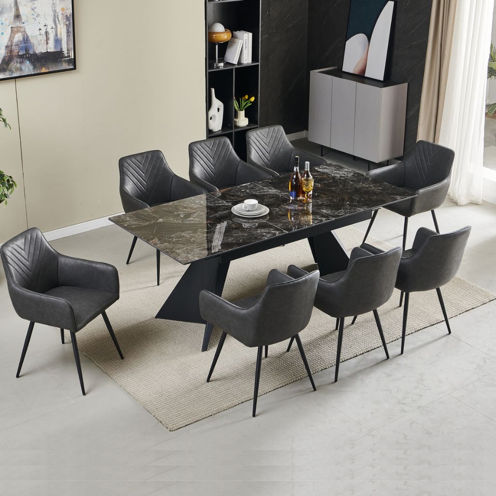 Chicago extending ceramic dining table set black and gold with Stanford grey chairs luxury UK dining furniture