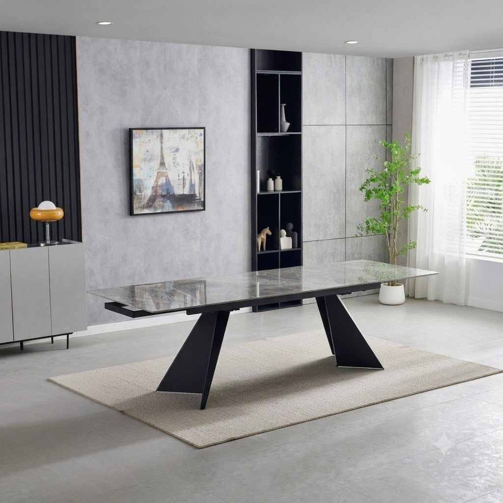 Grey ceramic Chicago dining set with matching grey upholstered chairs extendable dining table UK solid furniture uk