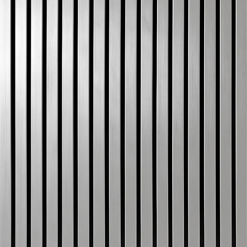 Front main view of chrome 3-sided acoustic slat wall panel 32 x 240 cm showing sleek vertical slats with reflective metallic finish and modern design solid furniture UK