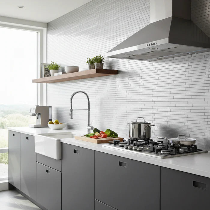 Chrome Brick Mosaic Wall Tiles (30x30cm) by Solid Furniture LTD installed as a modern self-adhesive kitchen backsplash, adding a sleek, reflective, and contemporary finish to the space.
