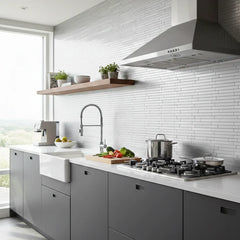 Chrome Brick Mosaic Wall Tiles (30x30cm) by Solid Furniture LTD installed as a modern self-adhesive kitchen backsplash, adding a sleek, reflective, and contemporary finish to the space.