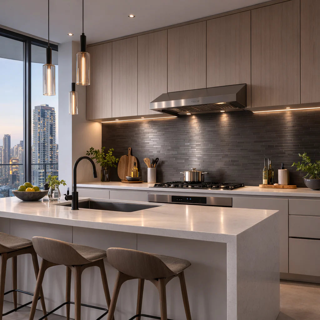 Chrome Brick Mosaic Wall Tiles (30x30cm) by Solid Furniture LTD in a kitchen side installed view, showcasing a sleek, modern, self-adhesive backsplash with a reflective finish.