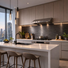 Chrome Brick Mosaic Wall Tiles (30x30cm) by Solid Furniture LTD in a kitchen side installed view, showcasing a sleek, modern, self-adhesive backsplash with a reflective finish.