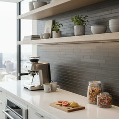 Chrome Brick Mosaic Wall Tiles (30x30cm) by Solid Furniture LTD shown in a side view, highlighting the sleek, reflective finish and self-adhesive design.