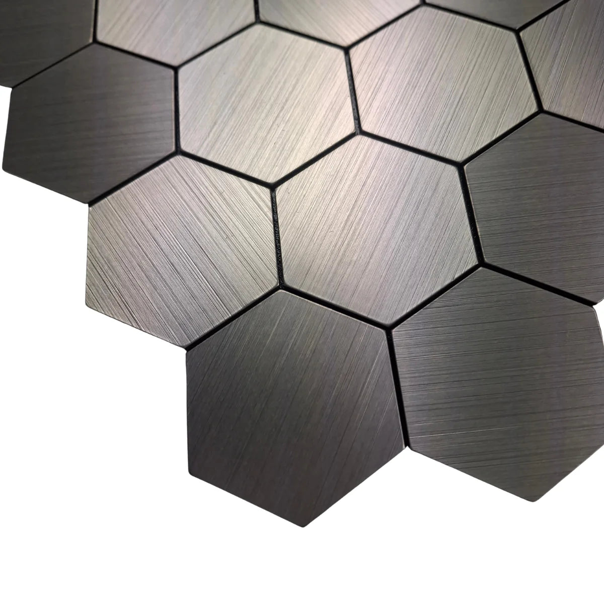 Close-up of chrome hexagon mosaic wall tiles 30 x 30cm pack of 10 by Solid Furniture LTD highlighting reflective metallic finish and texture