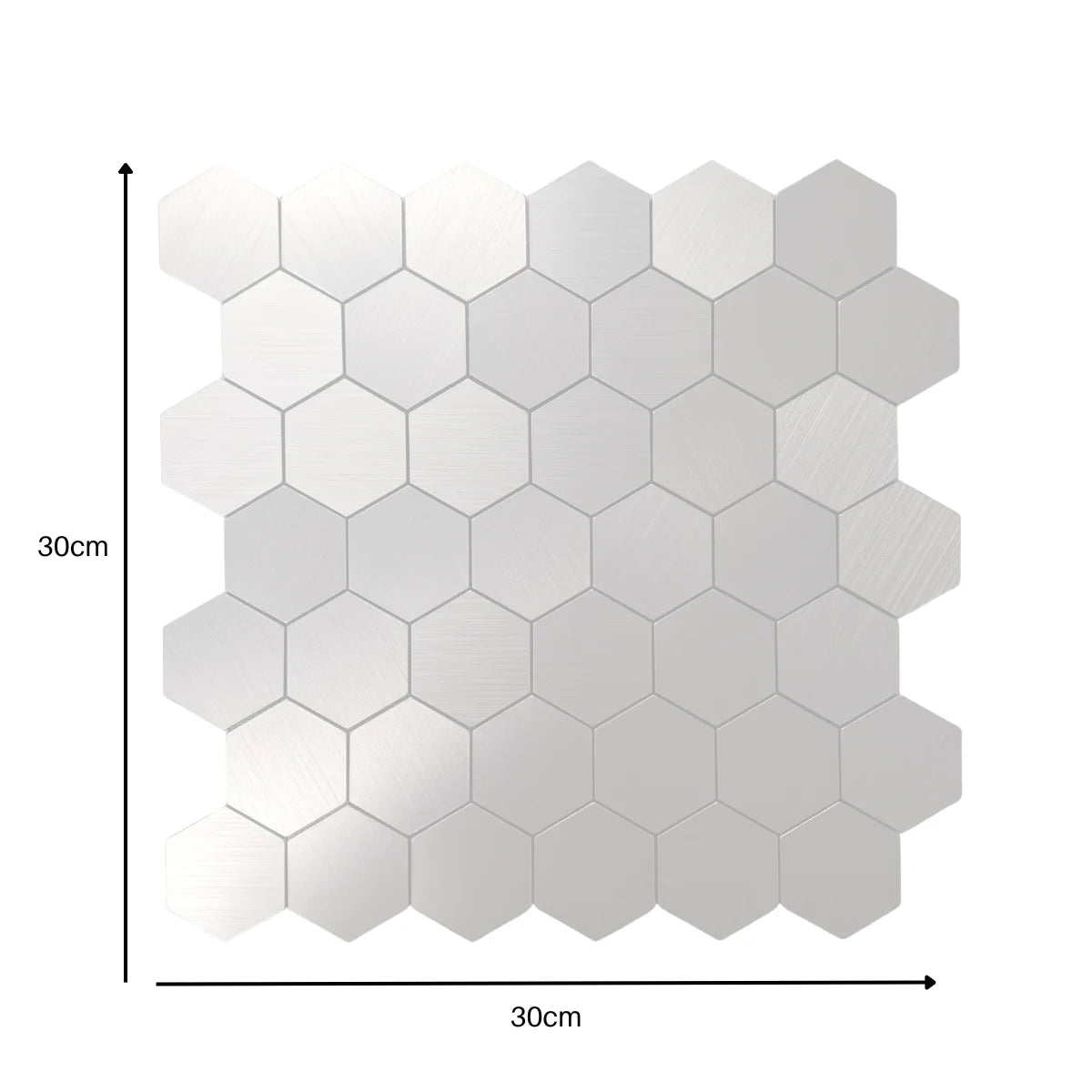 Chrome hexagon mosaic wall tiles 30 x 30cm pack of 10 by Solid Furniture LTD showing sheet dimensions and approximate coverage