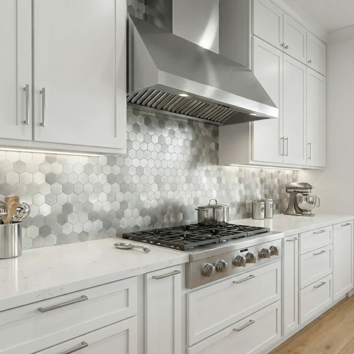 Chrome hexagon mosaic wall tiles 30 x 30cm pack of 10 by Solid Furniture LTD installed as stylish kitchen backsplash