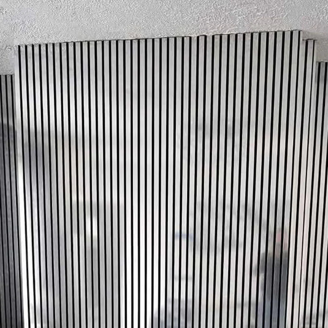 60x240cm Chrome Metallic Acoustic Wall Panel by Solid Furniture LTD shown at an angle, highlighting depth, slat spacing, and metallic finish