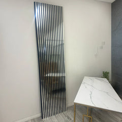 Side view of 60x240cm Chrome Metallic Acoustic Wall Panel by Solid Furniture LTD highlighting thickness and slat spacing