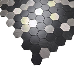 Close-up of chrome mini hexagon mosaic wall tiles 30 x 30cm pack of 10 by Solid Furniture LTD highlighting texture and shine