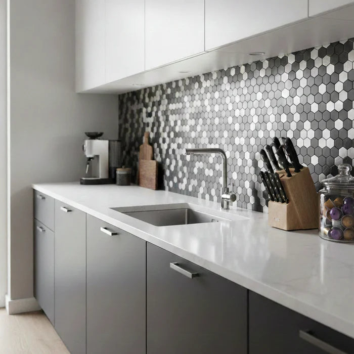 Chrome mini hexagon mosaic wall tiles 30 x 30cm pack of 10 by Solid Furniture LTD installed as stylish kitchen backsplash