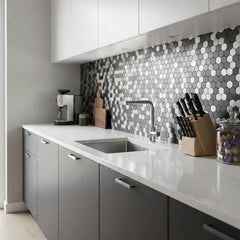 Chrome mini hexagon mosaic wall tiles 30 x 30cm pack of 10 by Solid Furniture LTD installed as stylish kitchen backsplash
