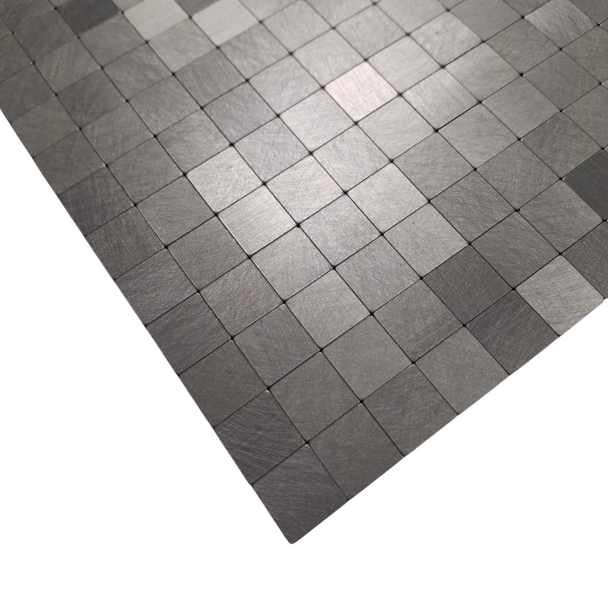 Close-up of chrome square mosaic wall tiles 30 x 30cm pack of 10 by Solid Furniture LTD highlighting reflective metallic finish and texture