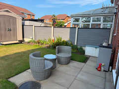Modern composite fence panels installed in patio by Solid Furniture UK
