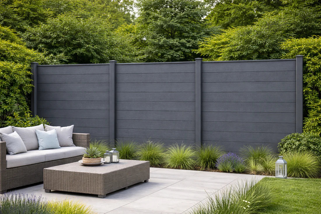 Contemporary composite fencing installed around a patio area from Solid Furniture UK
