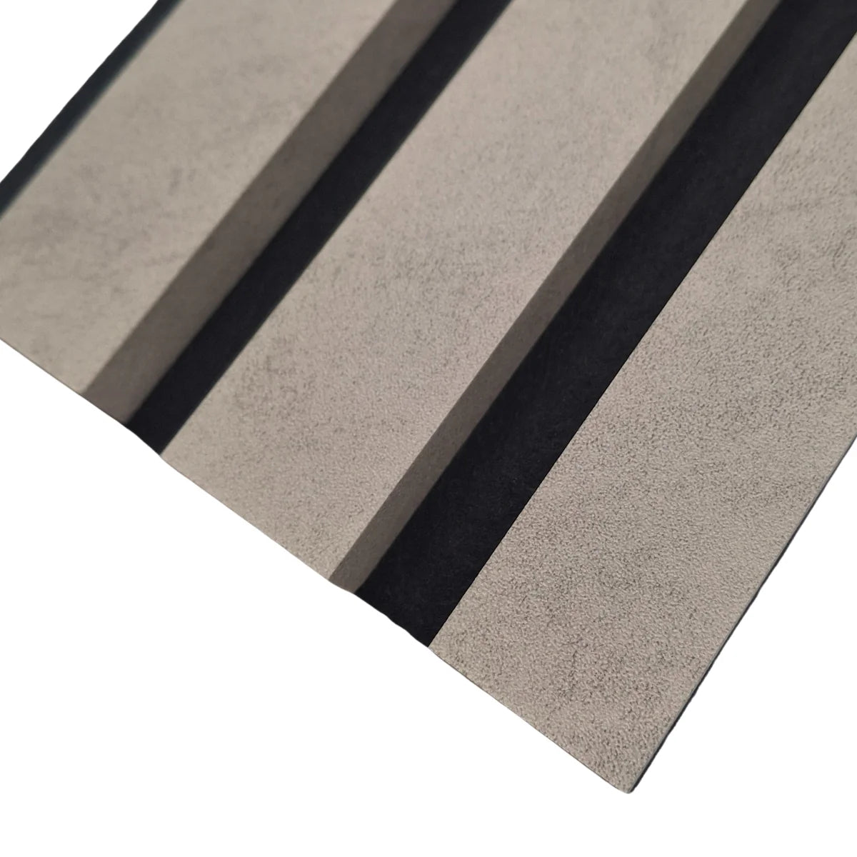 Close-up of concrete 3-sided acoustic slat wall panel 32 x 240 cm highlighting slat texture, spacing, and felt backing detail solid furniture UK
