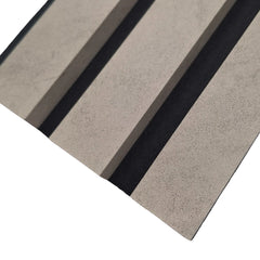 Close-up of concrete 3-sided acoustic slat wall panel 32 x 240 cm highlighting slat texture, spacing, and felt backing detail solid furniture UK