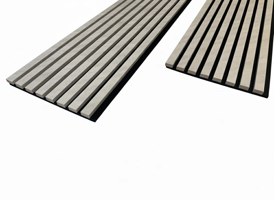 Side view of concrete 3-sided acoustic slat wall panel 32 x 240 cm showing panel depth, slat thickness, and felt backing solid furniture UK