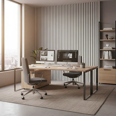 Concrete 3-sided acoustic slat wall panels 32 x 240 cm installed in a modern living room showing seamless wall finish and contemporary style solid furniture UK