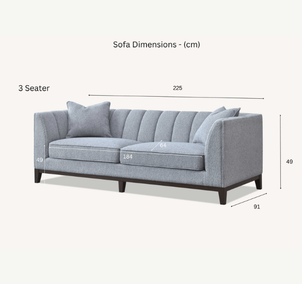 Dimensions of Cooper 3 seater sofa showing 225 cm width and 91 cm depth solid furniture UK