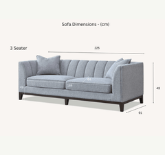 Dimensions of Cooper 3 seater sofa showing 225 cm width and 91 cm depth solid furniture UK