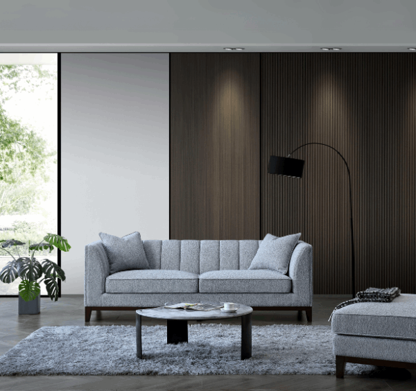 Front view of Cooper 3 seater sofa in dolphin grey bouclé fabric with wooden plinth solid furniture UK