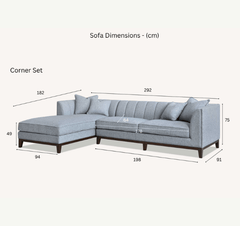 Dimensions of Cooper left-hand corner sofa showing 292 cm length and 182 cm chaise section solid furniture UK