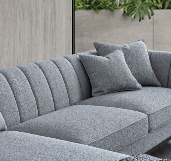 Side view of Cooper left-hand corner sofa in dolphin grey bouclé fabric solid furniture UK