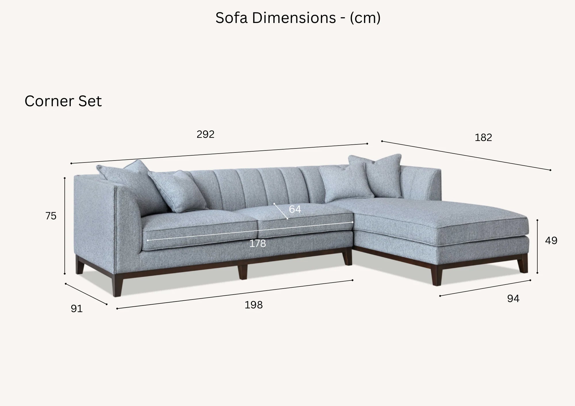Dimensions of Cooper right-hand corner sofa showing 292 cm length and 182 cm chaise section solid furniture UK