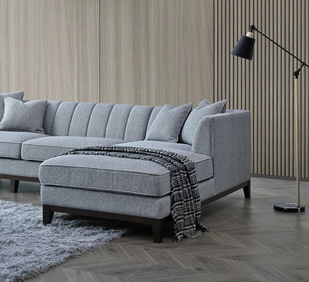 Side view of Cooper right-hand corner sofa in dolphin grey bouclé fabric solid furniture UK