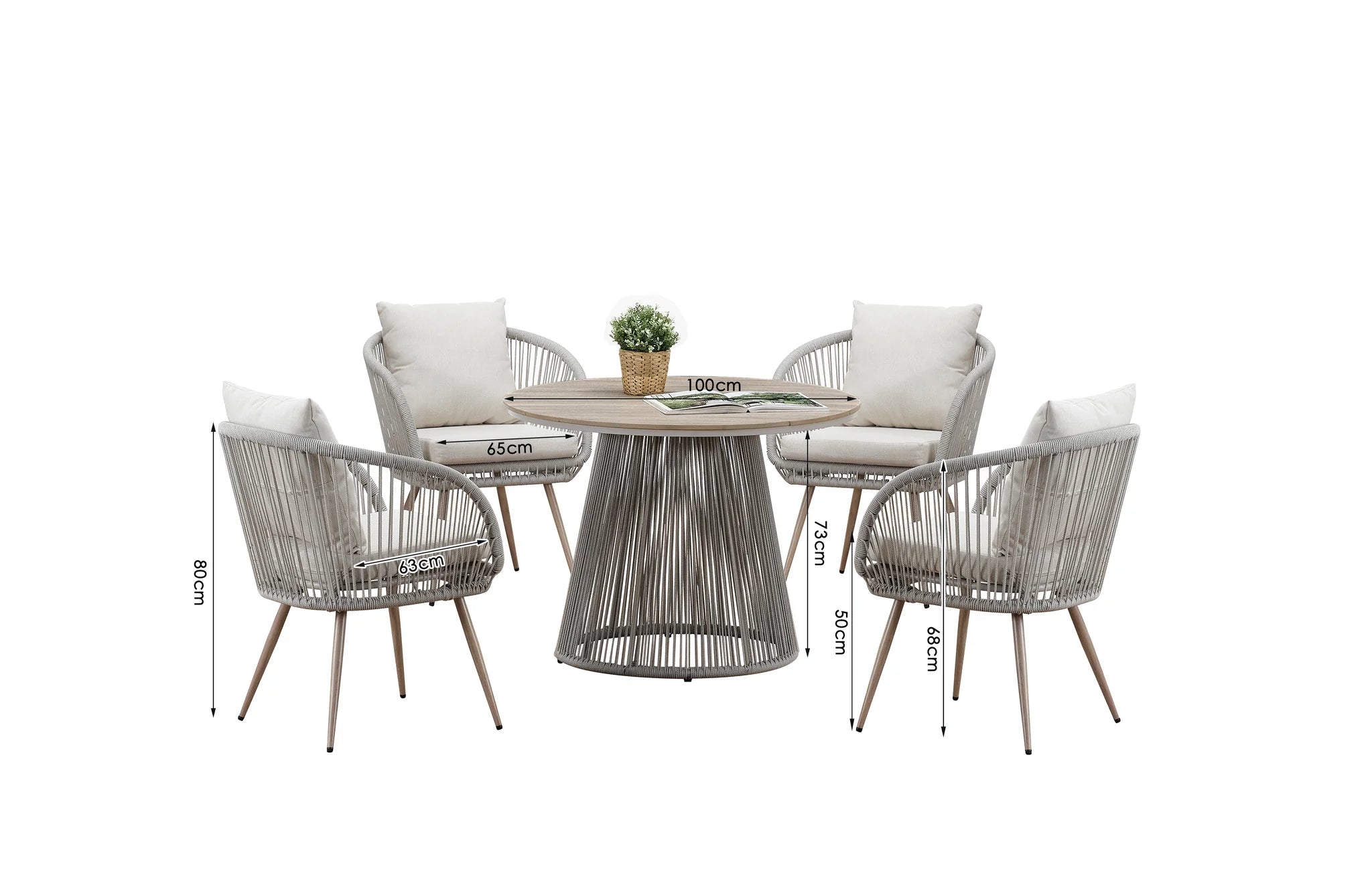 Cove 4 seater garden dining set dimensions showing round table and chair measurements for outdoor dining furniture setup in UK gardens and patios solid furniture UK