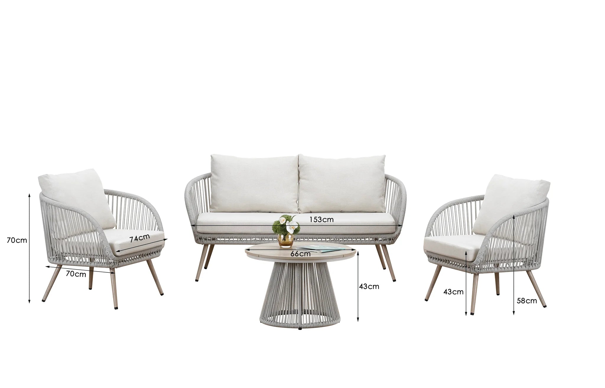 Cove 4 seater garden lounge set dimensions showing sofa, chair, and coffee table measurements for garden and patio furniture setup in UK outdoor spaces solid furniture UK