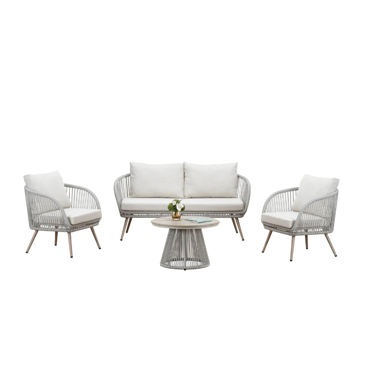 Cove 4 seater garden lounge set in natural finish with sofa, chairs, and coffee table for outdoor patio use solid furniture UK