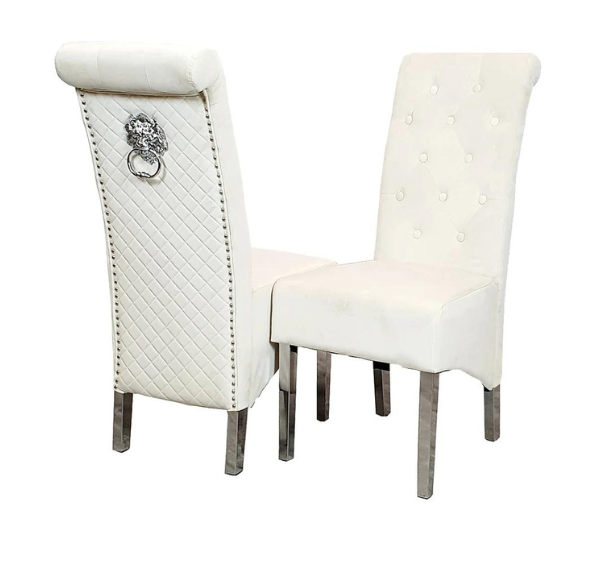 Cream Emma velvet dining chair UK main view featuring quilted button detail, scroll-back design, and chrome lion knocker from Solid Furniture UK.