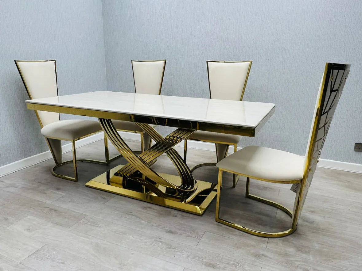 Cream and gold marble dining table with Vienna dining chairs, main front view luxury dining set UK by Solid Furniture UK