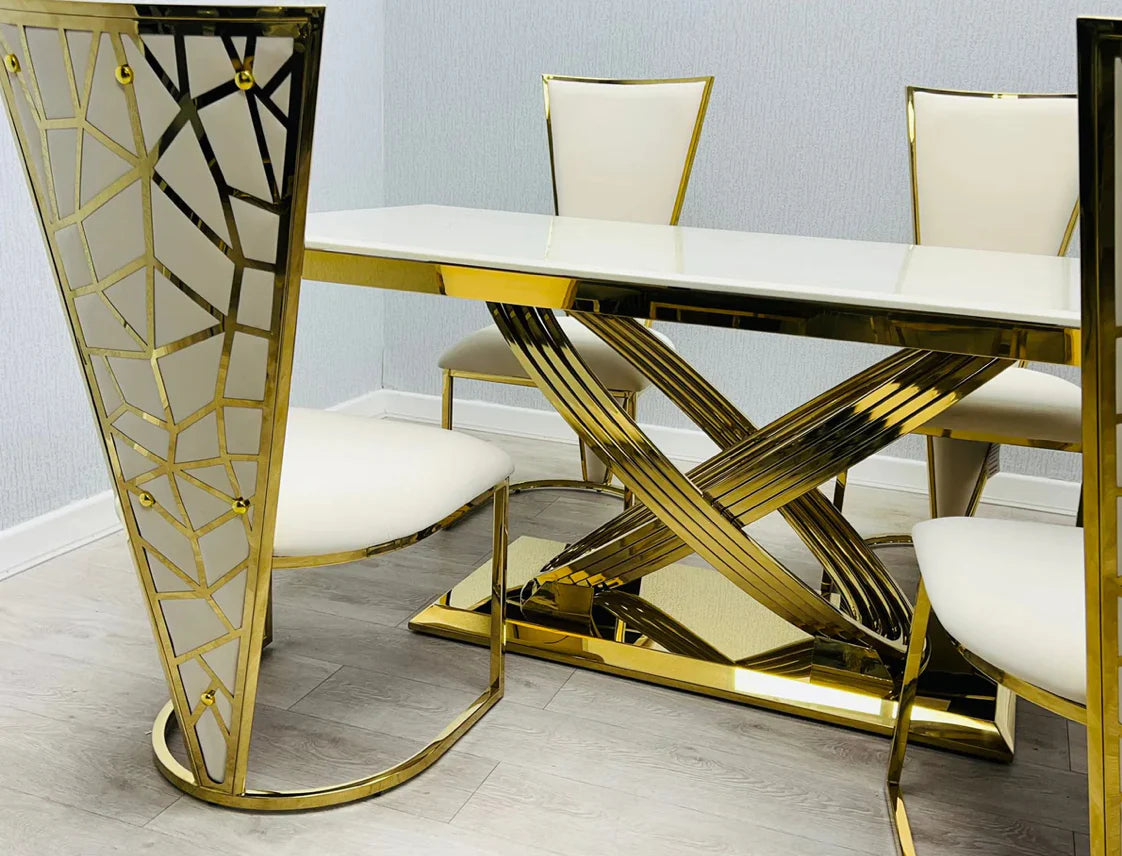 Side view of cream and gold marble dining table with gold base and dining chairs modern luxury furniture UK by Solid Furniture UK