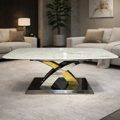 Cream marble coffee table styled in a modern living room, showcasing its elegant top and contemporary base by Solid Furniture UK