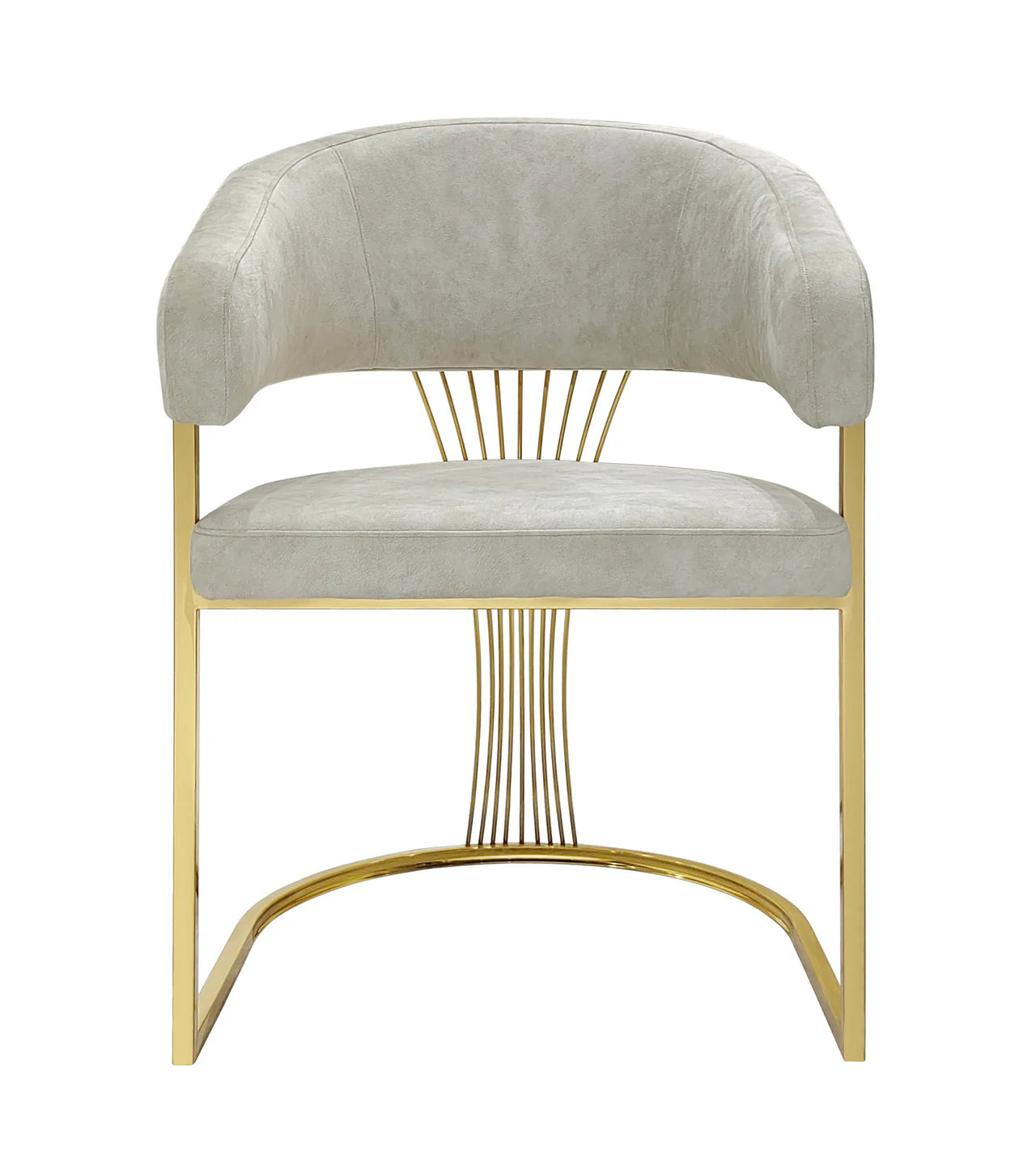 Cream Porado dining chair in main front view featuring soft upholstered seat, curved backrest, and gold stainless steel legs, designed for modern dining spaces.