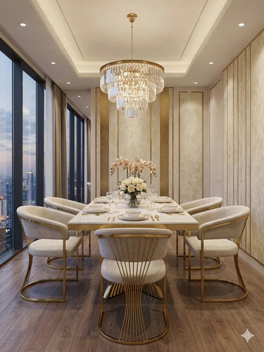 Cream Ravello dining table with matching Porado chairs placed in a modern dining room setting, featuring a marble-effect top and gold pedestal base with elegant upholstered seating. solid furniture UK