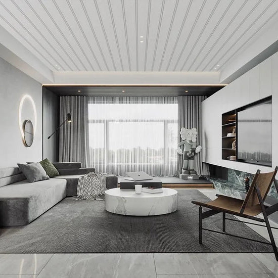 Cream WPC ceiling wall panels installed in a modern living room – Solid Furniture UK