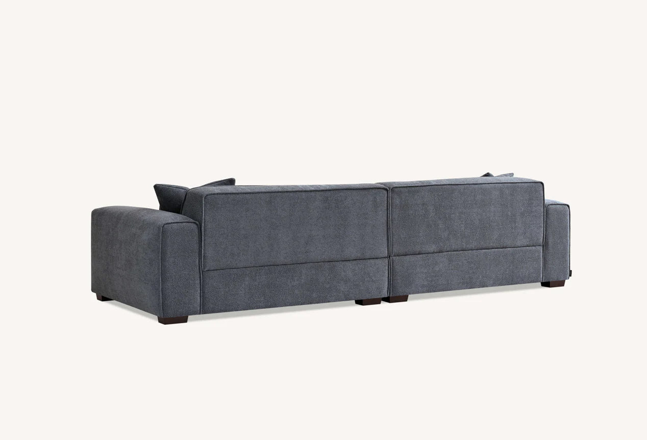 Back view of Dakota modern bouclé sofa with minimalist boxed design and premium fabric upholstery solid furniture UK