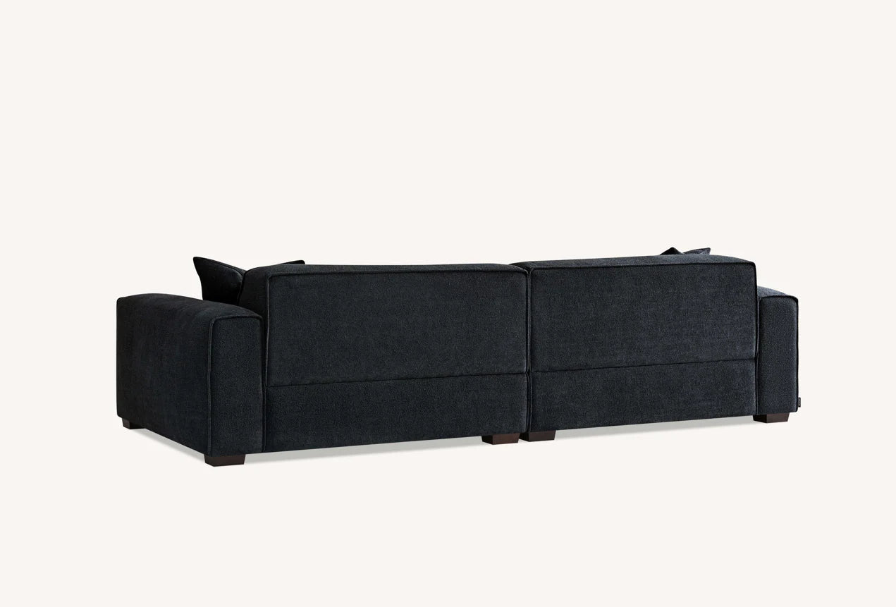 Back view of Dakota modern bouclé sofa with minimalist boxed design and premium fabric upholstery solid furniture UK