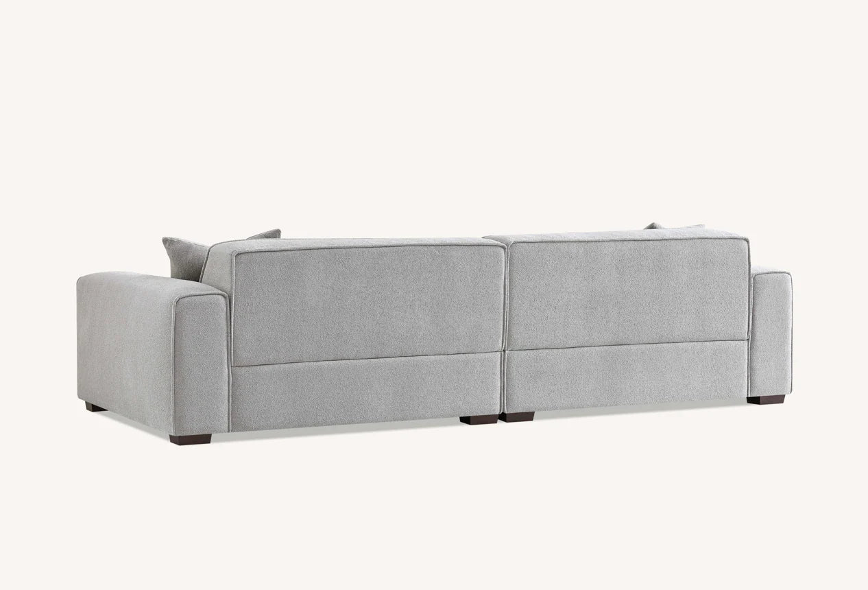 Back view of Dakota modern bouclé sofa with minimalist boxed design and premium fabric upholstery solid furniture UK